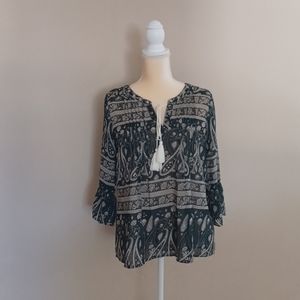 Oakly Bell Sleeve Blouse,Forest Green and Beige